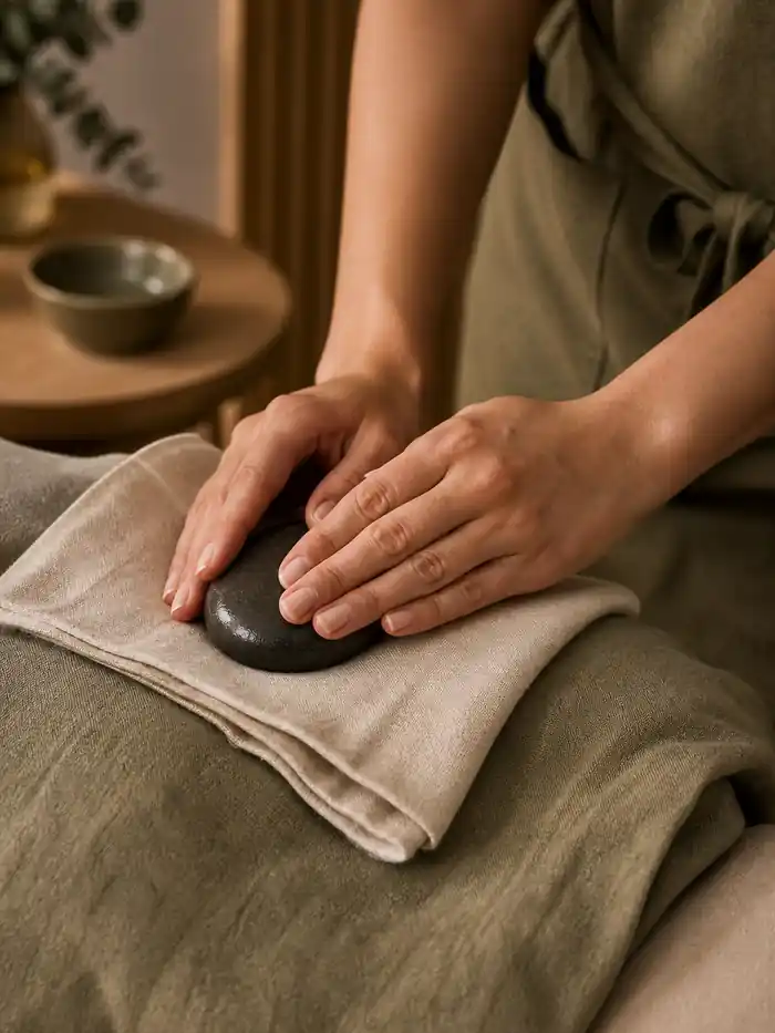 Woman massage therapist's hands applying a warm stone over linen